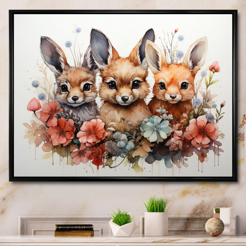 «Dry Watercolor Whimsical Animals» sur impression sur toile, H 24 po x l 32 po, Cadre flottant noir