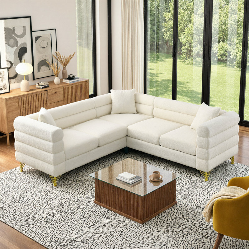 Élégant canapé d'angle modulaire en L en velours blanc à 5 places avec coussins pour les espaces de vie modernes, Blanc