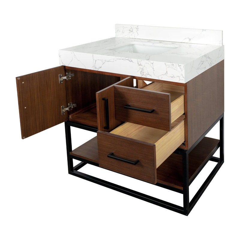 Meuble-lavabo simple 36 po avec plateau en pierre reconstituée Kaysha, Noyer