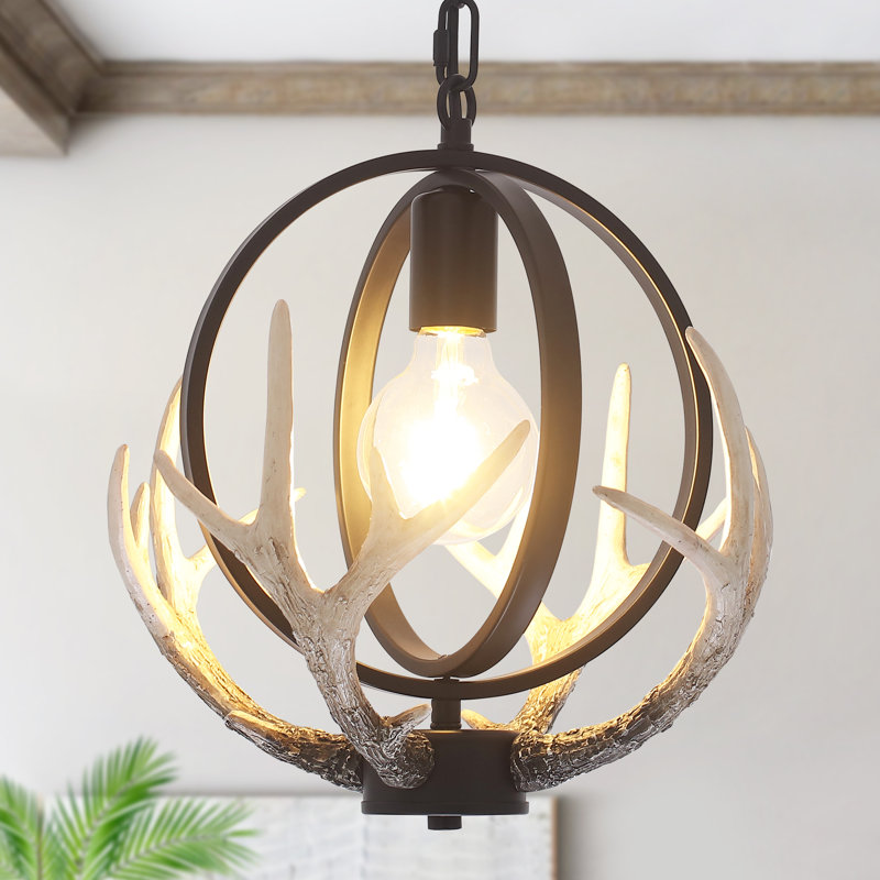 1- Light 13'' Dimmable Retro Metal Globe Rustic Farmhouse Chandelier With Resin 4 Antlers Vintage Style For Dining Room, Kitchen, Entryway, Living Room