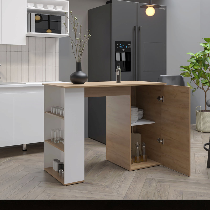 Îlot de cuisine de 47 po de largeur avec une armoire et cinq tablettes, table de bar et table de salle à manger