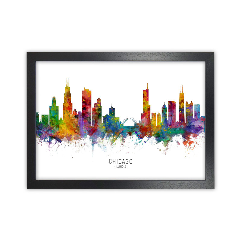 Chicago Illinois Skyline by Michael Tompsett - Print, 25cm H x 34cm W x 3cm D, Black Framed
