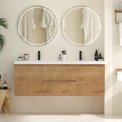 Meuble-lavabo double 59,1 po avec comptoir et deux tiroirs, meuble-lavabo mural flottant avec armoires de rangement (robinet non inclus), entièrement assemblé