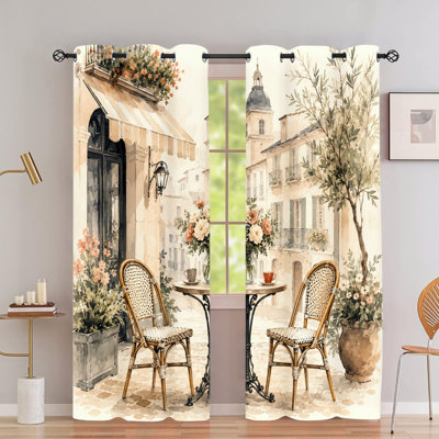 2PCS Grommet Top Blackout Window Curtains, Watercolor European Street Cafe Scene Printed Drapes, Thermal Insulated, Noise Reducing, Privacy Protection, Room Darkening Decorative Window Coverings for Living Room Bedroom Indoor Home Decor
