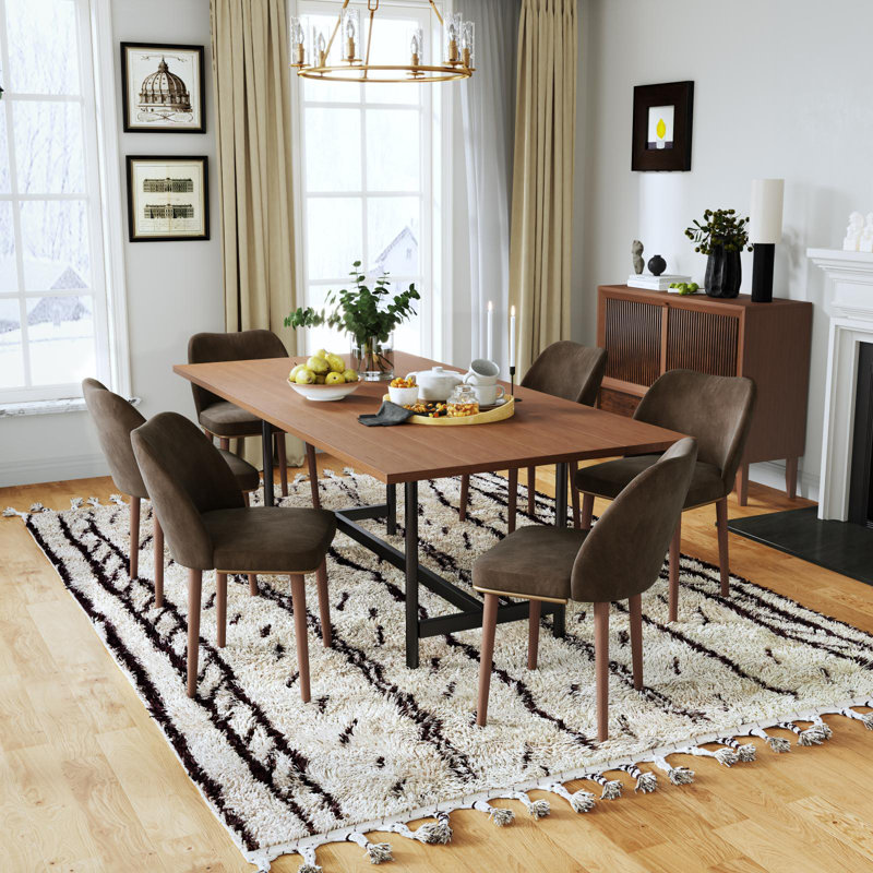 Mid-Century Upholstered Dining Chairs with Solid Wood Legs, Curved Back, Brown
