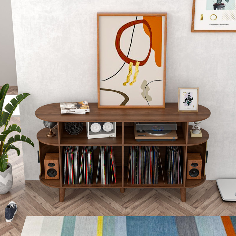 Large Record Player Stand, Mid-century Turntable Stand With Sliding Doors, Vinyl Display Stand For Bedroom Living Room