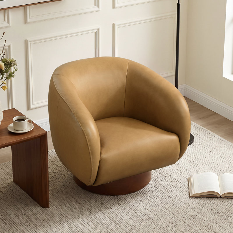 32.5″ Top-Grain Leather Swivel Chair with Thick Wood Base, Sand