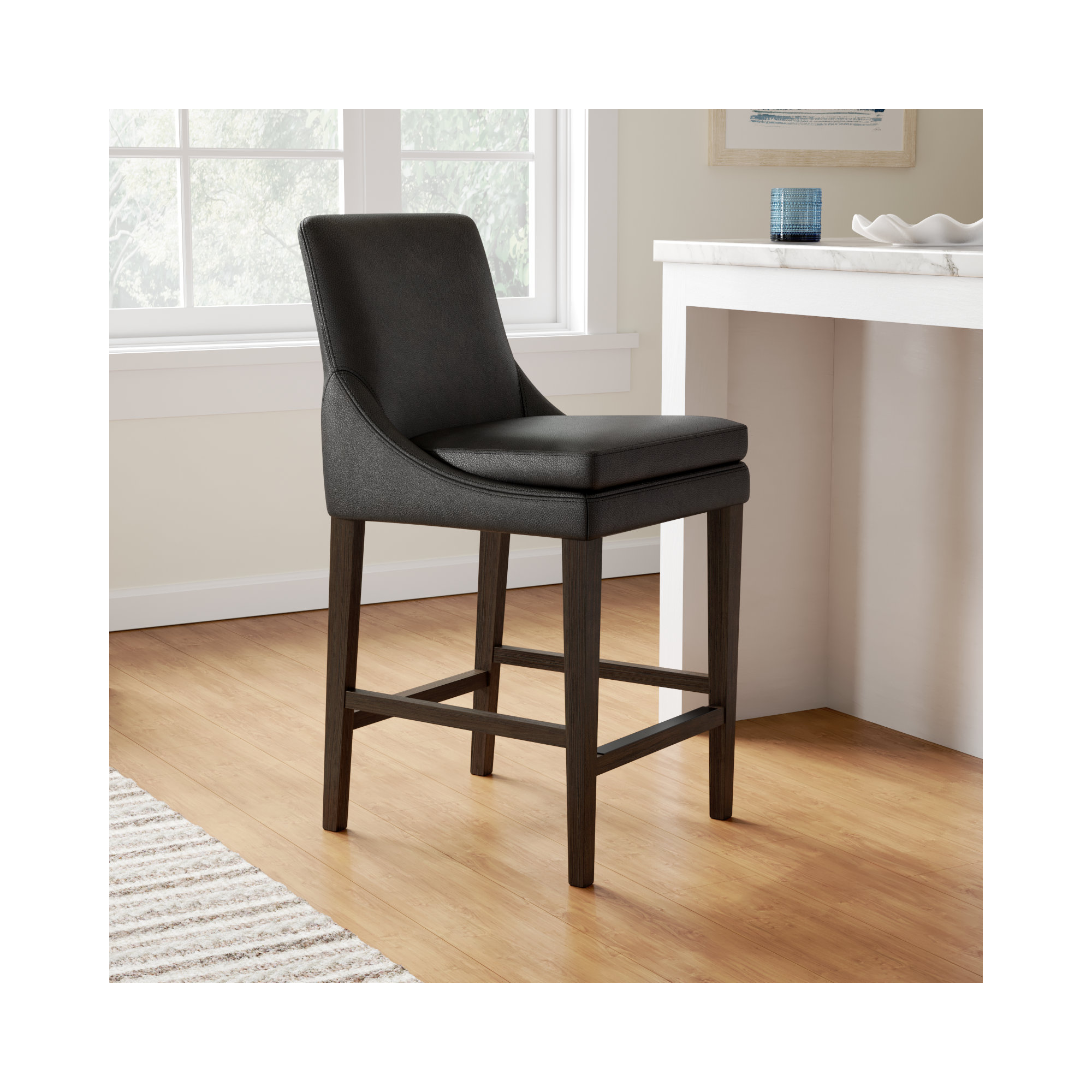 Niara Upholstered Leather Counter & Bar Stool, Impression Dark Gray Genuine Leather/Dark Brown