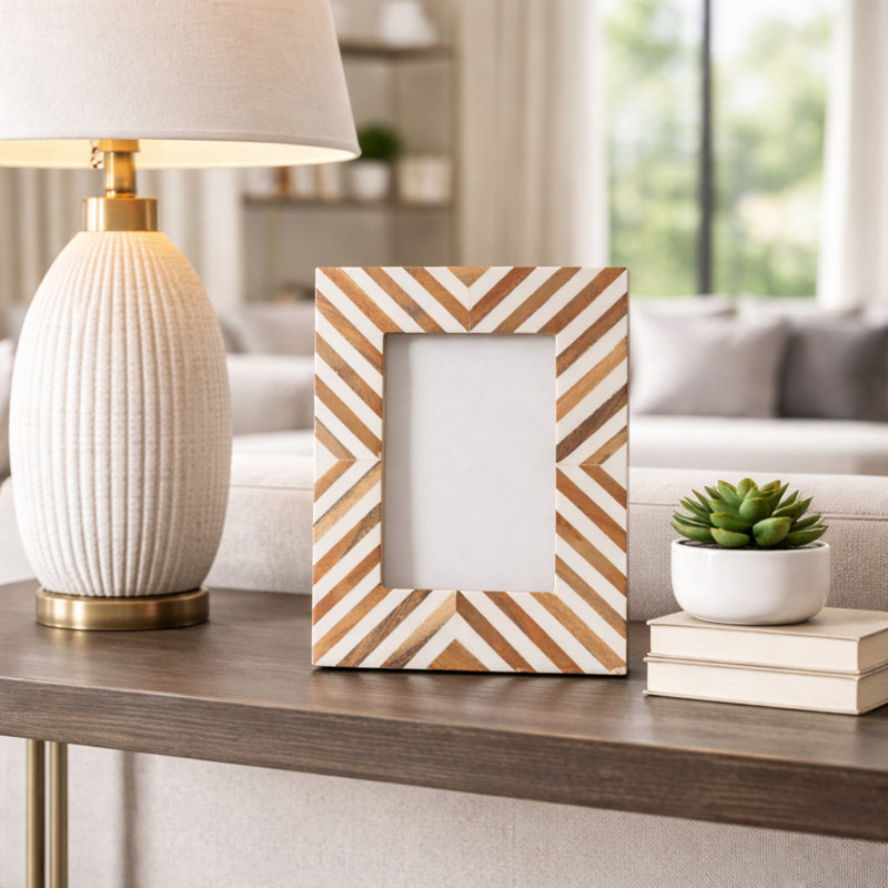 Herringbone Picture Frame for Tabletop Display - Decorative Photo Frame for Office, Entryway, or Shelf Accent - 9", White & Brown