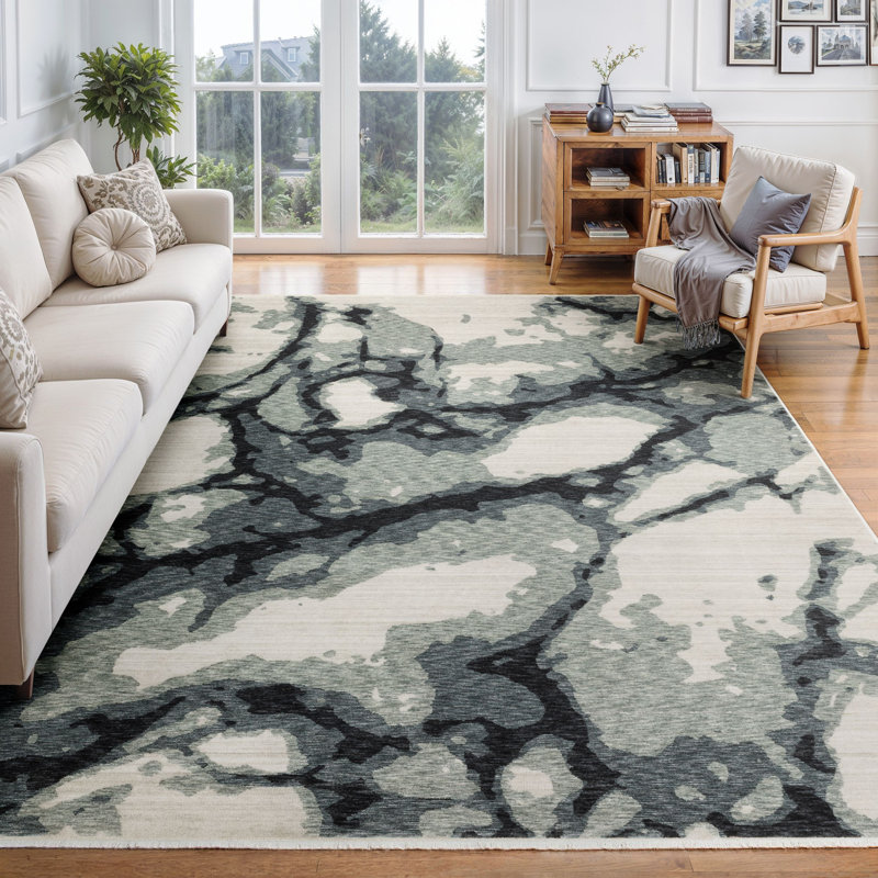 Maline Abstract Elements Blue/ Ivory Area Rug, Rectangle 9'10" x 12'11"