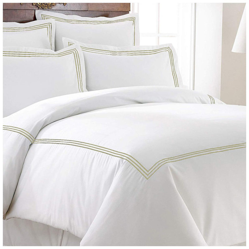 400TC Cotton Triple Embroidery Sateen Solid Duvet Cover Set, White/Ivory, Twin/Twin XL Duvet Cover