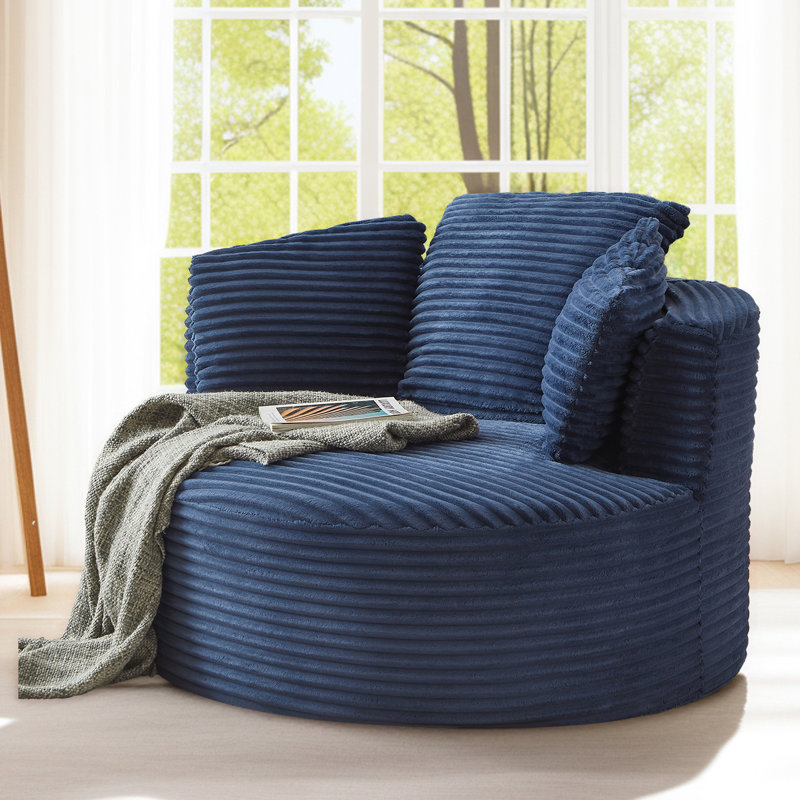 Lozena  49" Corduroy Upholstered Barrel Chair, Oversized Round Compression Chaise Lounge, No Assembly Required, Blue Corduroy