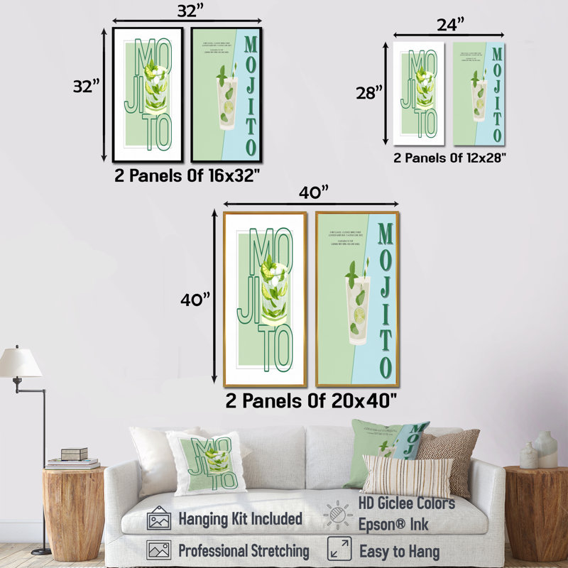 Mojito Traditional Cuban Punch III - Art mural 2 pièces, H 28 po x l 24 po, Cadre flottant érable