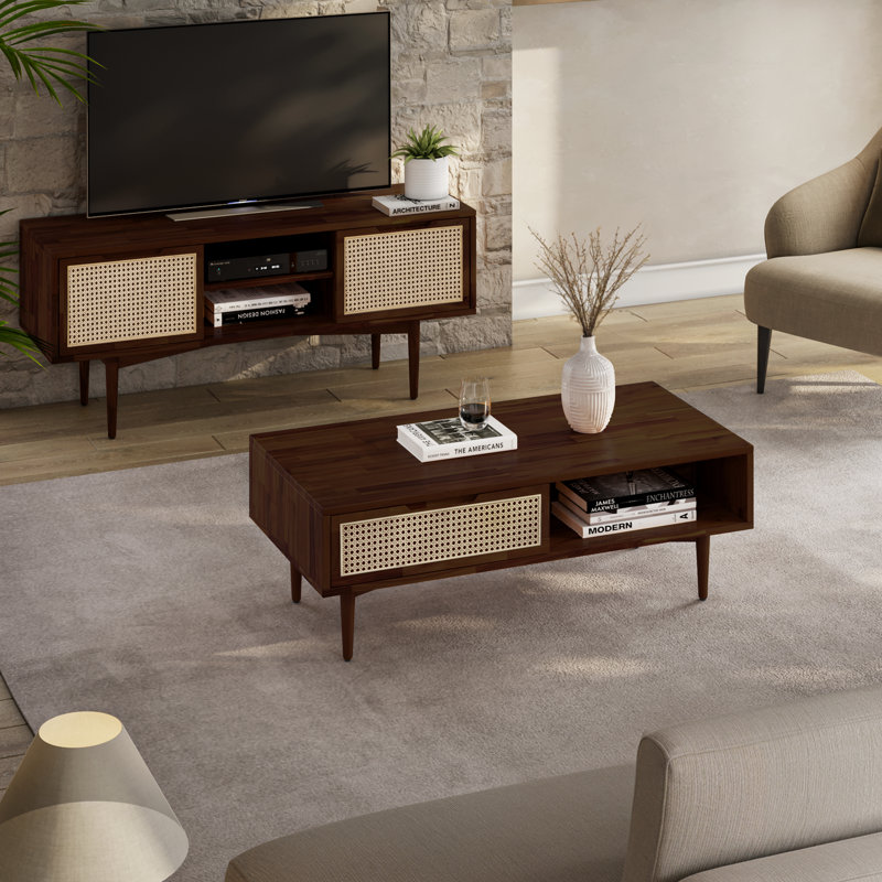 Oliver 47'' Solid Wood Coffee Table with Rattan Storage Drawers, Walnut
