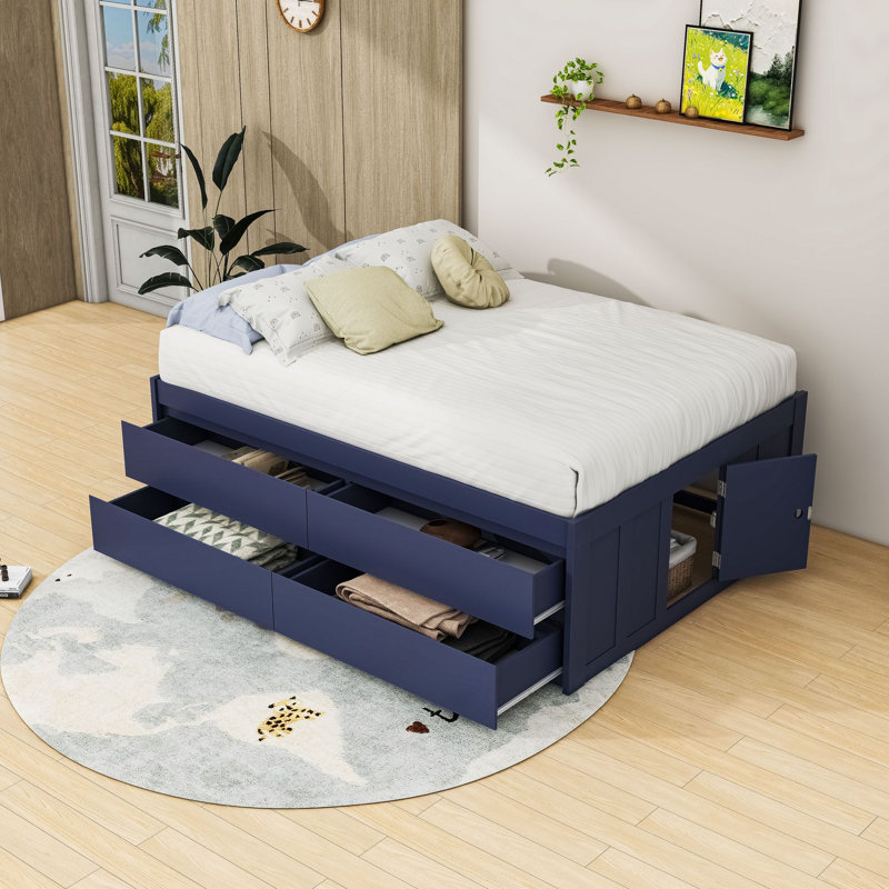 Lit plateforme en bois avec 4 tiroirs et sommier à lattes, Full, Navy Blue