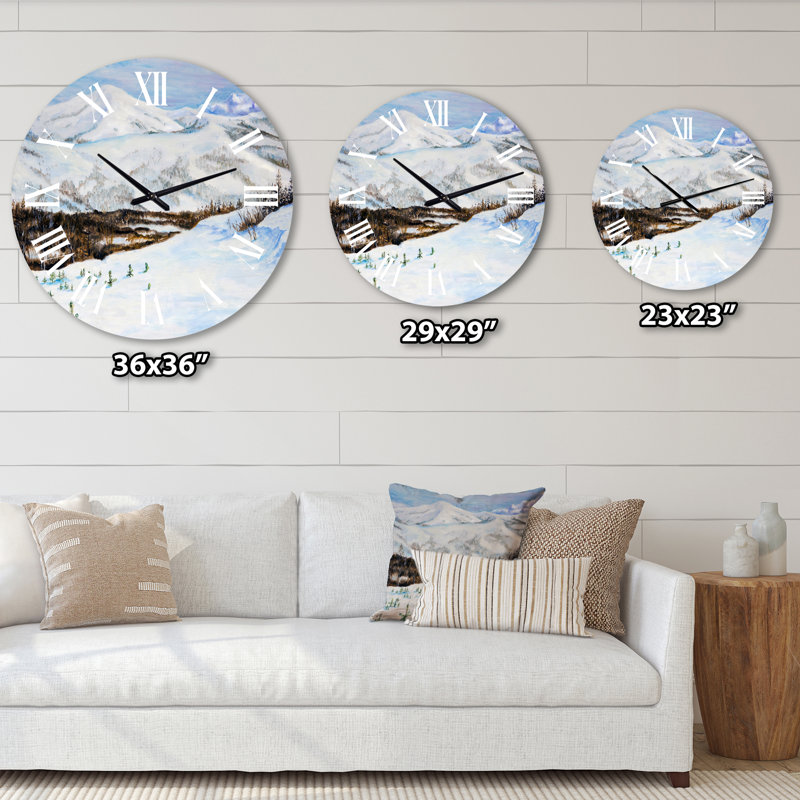 Paysage d'hiver avec montagnes enneigées - Horloge murale traditionnelle, Surdimensionné