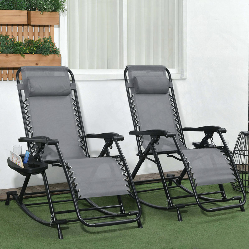 Outsunny Set of 2 Zero Gravity Folding Rocking Chairs with Trays, Gray
