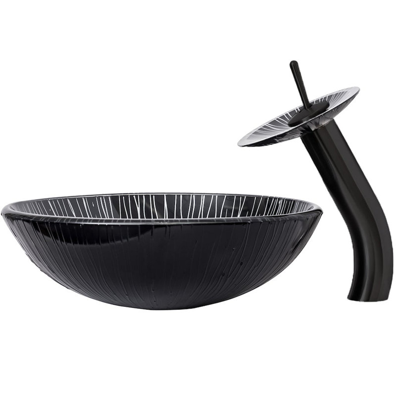 Lavabo de salle de bain vasque circulaire en verre noir peint à la main avec robinet