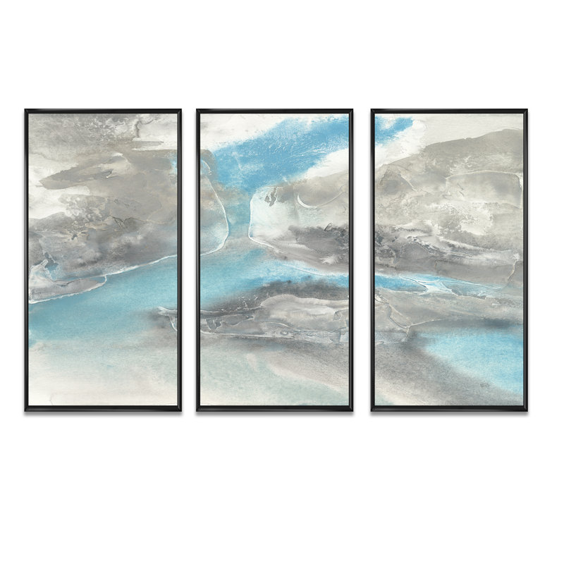 «Watercolor Minimal Blue Tones II», ensemble d'art mural moderne sur toile encadré de style Mid-Century, Cadre noir