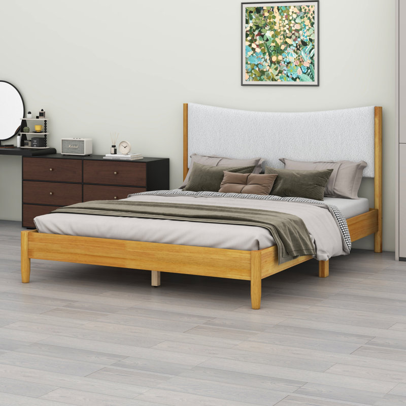 Solid Wooden Bed With  Upholstered Headboard