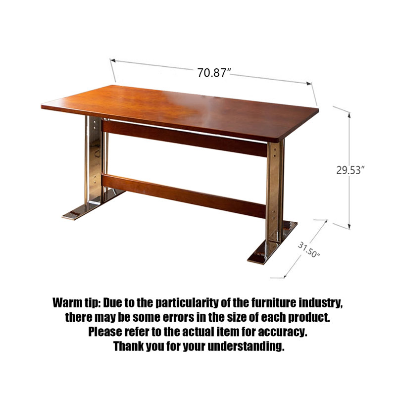 Table à manger nordique en bois de cerisier massif avec pieds en acier inoxydable, 29.53" H x 70.87" L x 31.50" W