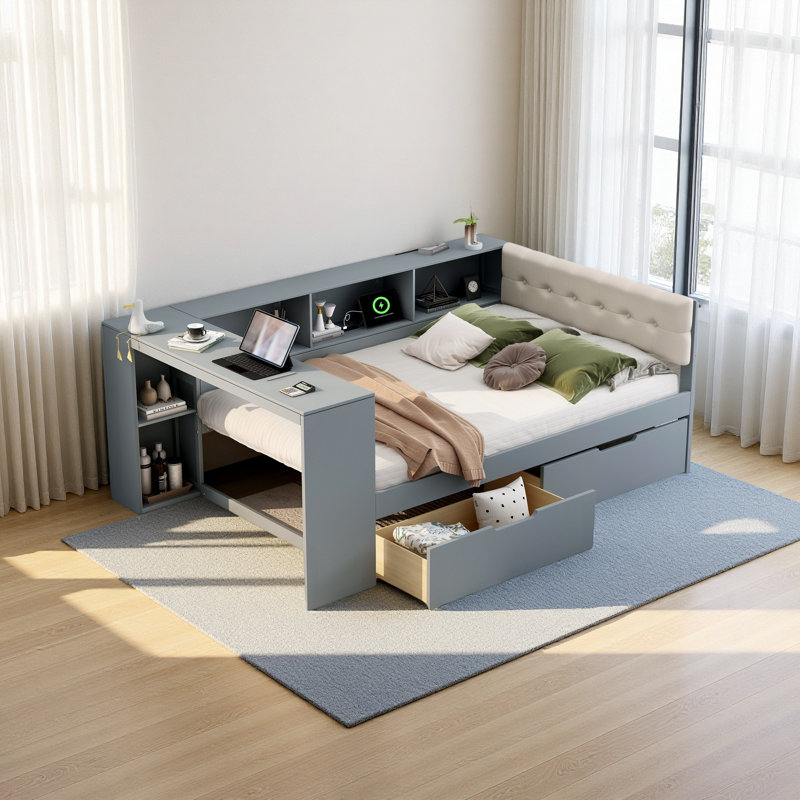 Lit plateforme en bois avec tablettes de rangement, tiroirs, station de charge et tête de lit tapissier, Lit double
