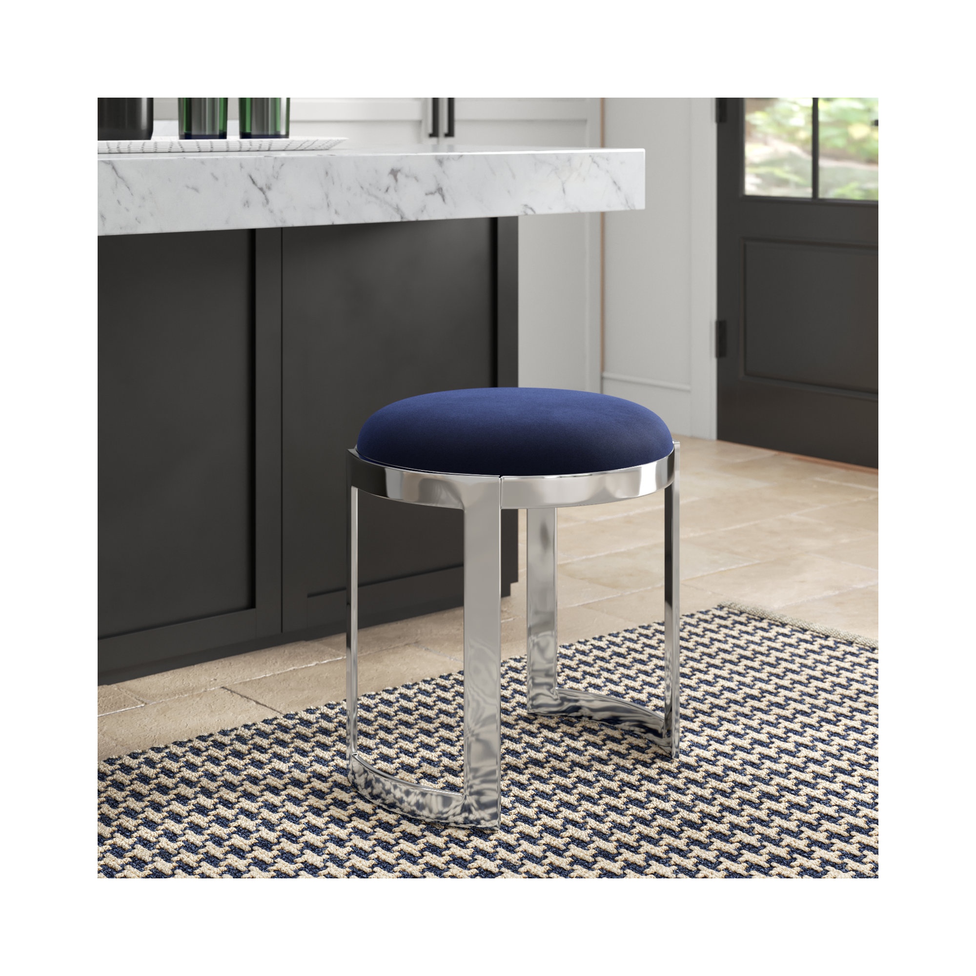 Nouri Metal Vanity Stool - Orion Velvet Ottoman Coffee Table – Modern Round Accent Stool with Gold or Silver Steel Frame