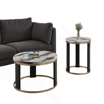 Contemporary Style Triangle 3Pc Table Set 1X Coffee Table 2X End Table Marble Top Gold Ring Wooden Legs Primary Living Room