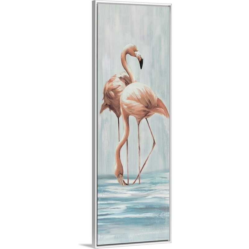 « flamant rose vii », peinture sur toile, H 37,7 po x l 13,7 po x p 1,75 po, Cadre flottant blanc