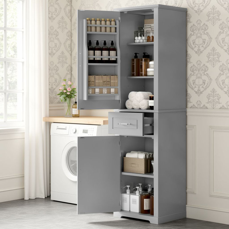 Modern Tall Bathroom Cabinet, 72"H Freestanding Storage Tower With Door Shelves, Drawer & Adjustable Shelves, Gray