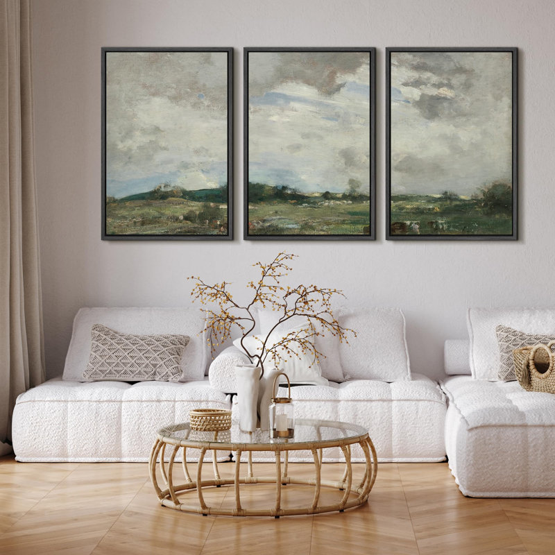 Rural Landscape " Countryside Serenity Impressionistic Rural Landscape Illustration Modern Decor Relax Calm Chic " 3 - Pieces