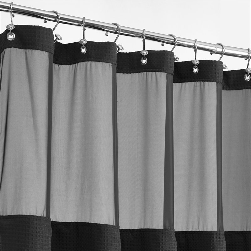 Black and Gray Waffle Weave Shower Curtain with Liner and Hooks