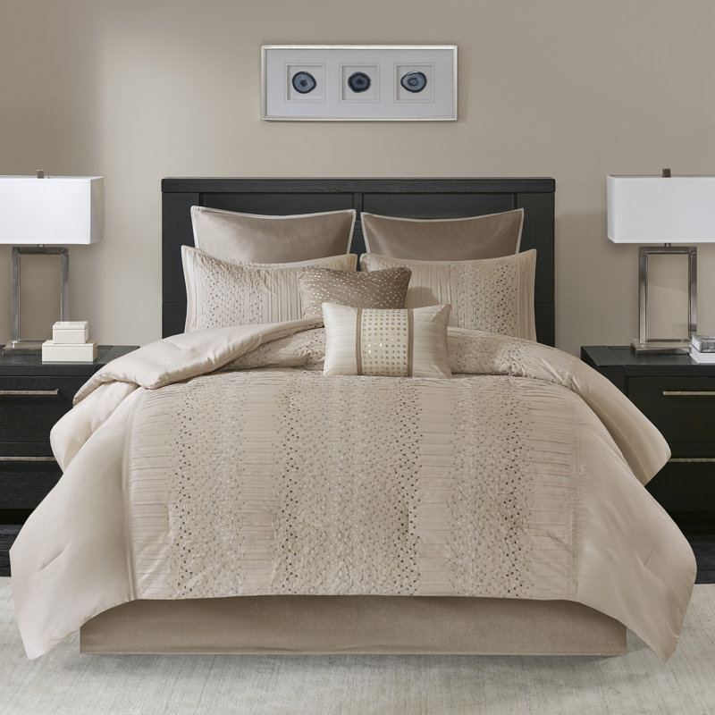 King Beige Faux Silk Embroidered Comforter Set