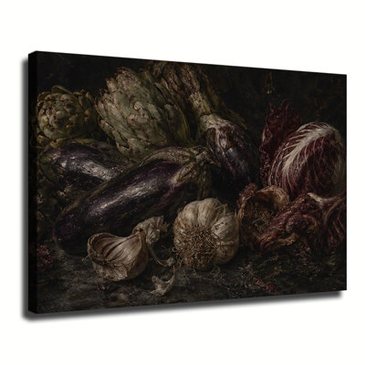 Aubergines, ail et artichauts - Nature morte de légumes rustique sombre, peinture à l'huile sur toile
