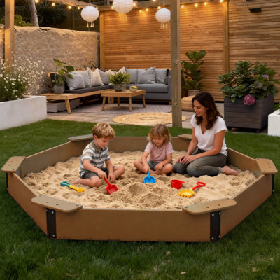 Grand bac à sable Hdpe 78,3 po x 8,4 po avec 6 bancs, bac à sable extérieur hexagonal avec couvercle