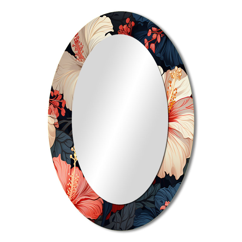 Hibiscus Twilight Ii Tropical Pattern - Floral Oval Decorative Mirror On Metal, 36" H x 24" W