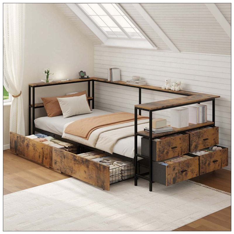 Base de lit simple d'angle Cadre de lit plateforme simple en métal avec tiroirs de rangement Lit de jour simple pour enfants et adolescents