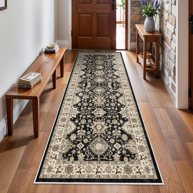 Washable Hallway Rug: Non Slip Rugs with Rubber Backing Soft Kitchen Rug Farmhouse Distressed Carpet Runner for Living Room Bedroom Bathroom (Black)