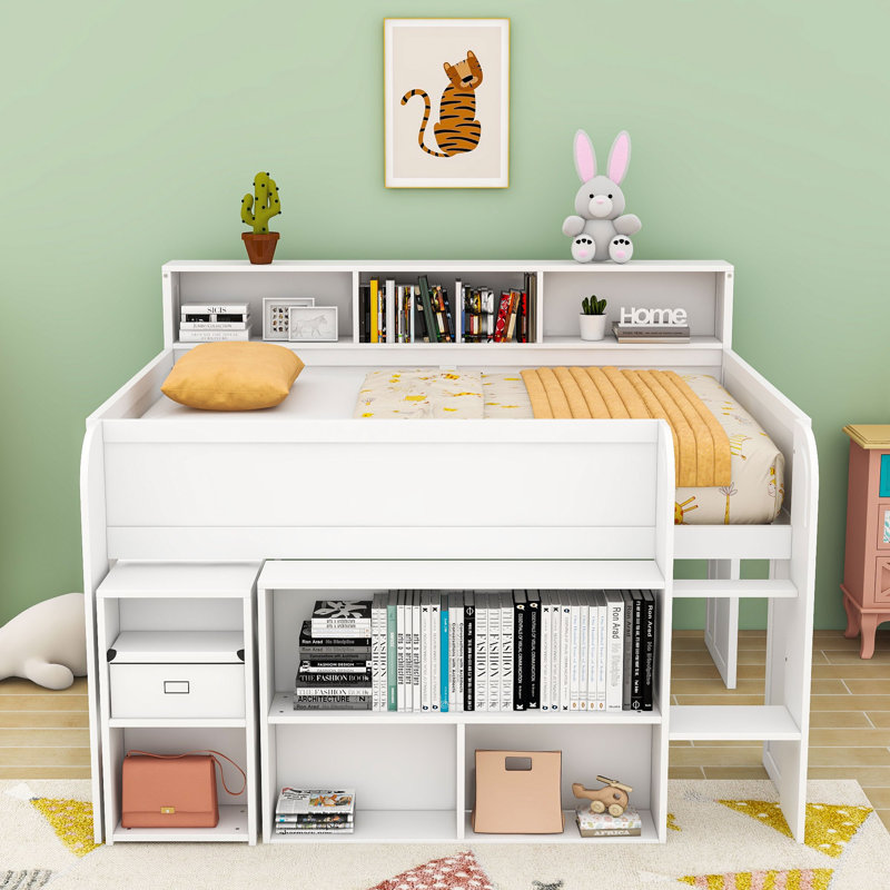 Lit mezzanine double avec bureau d'étude intégré, éclairage à DEL et tablettes de rangement multiples, Blanc