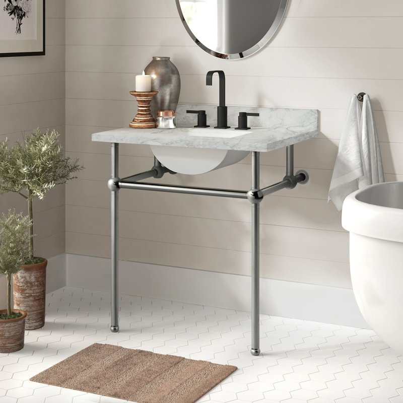Kingston Brass Templeton 30-Inch Carrara Marble Vanity Top with Brass Legs (8-Inch, 3-Hole), Polished Chrome