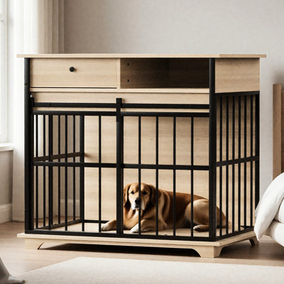 Cage spacieuse pour chien avec plateau et rangement - Structure en métal, poids 31,4 kg, dimensions : 89,5 cm (L) x 59,2 cm (l) x 85,3 cm (H), tiroir coulissant, plateau en bois massif, style rustique, idéale pour les foyers avec plusieurs animaux, noire.