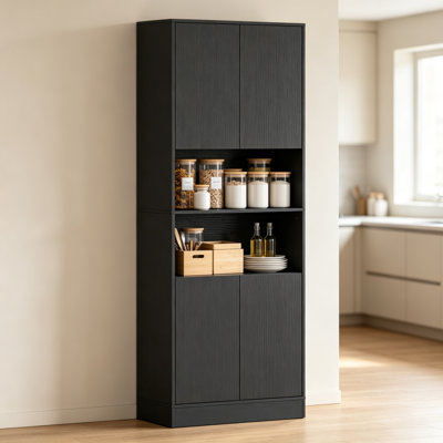 Black Wood Effect Freestanding Kitchen Cabinet 170cm, Tall Pantry Storage Cupboard with Soft-Close Hinges, Adjustable Shelves, 2 Cupboards and 2 Open Shelves
