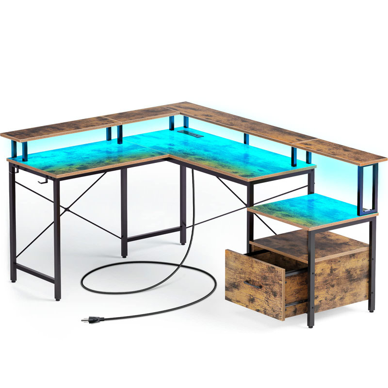 Bureau en L avec prises intégrées, Brun / noir