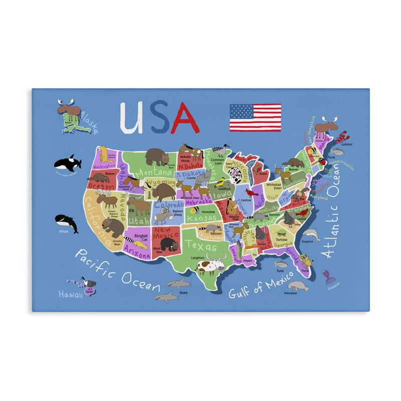 Art mural sur toile «United States Animal Map» par Carla Daly, H 16 po x l 24 po