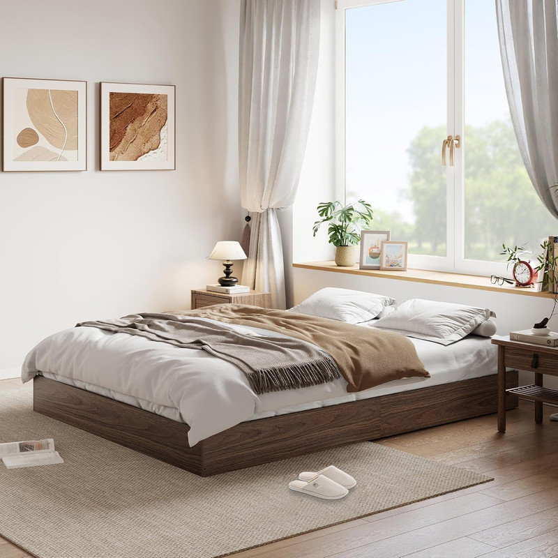 Base de lit plateforme moderne en bois minimaliste, lit silencieux sans tête de lit robuste, Brun, Très grand simple