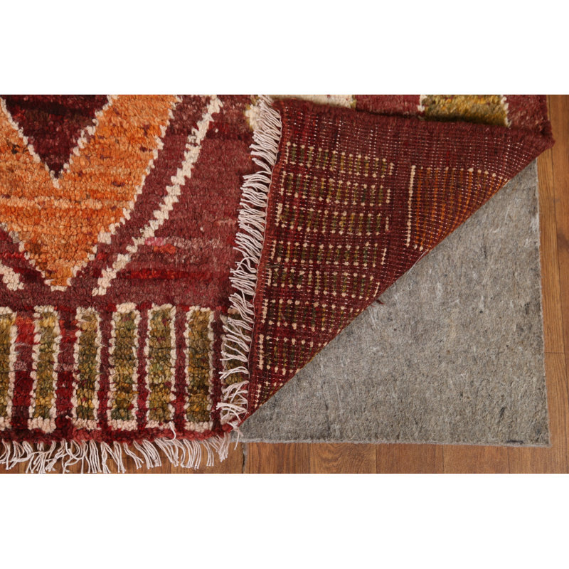 Tapis rouge / orange en laine noué à la main de conception unique 4 pi 1 po x 6 pi 5 po New Age