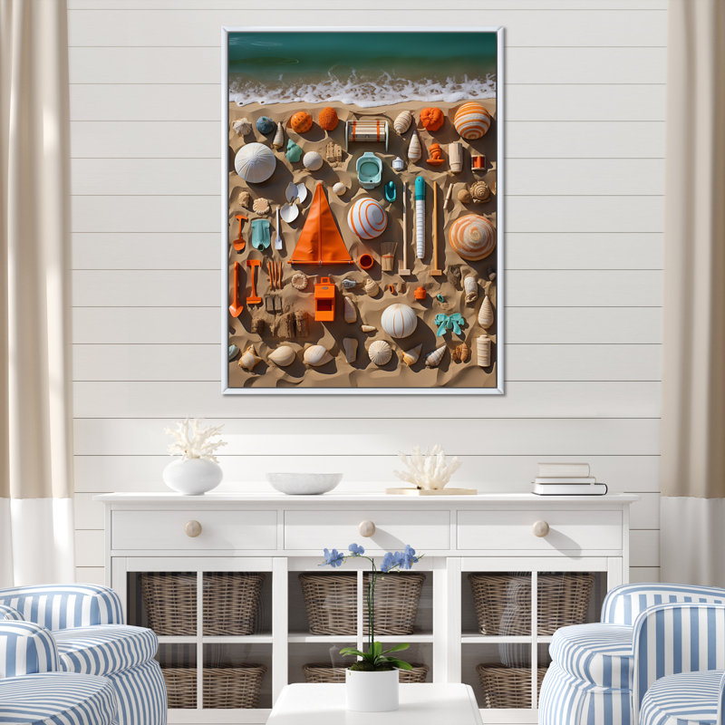 «Beach Jouets Collage I» - reproduction sur toile de plage, Cadre flottant blanc, H 44 po x l 34 po x P 1,5 po