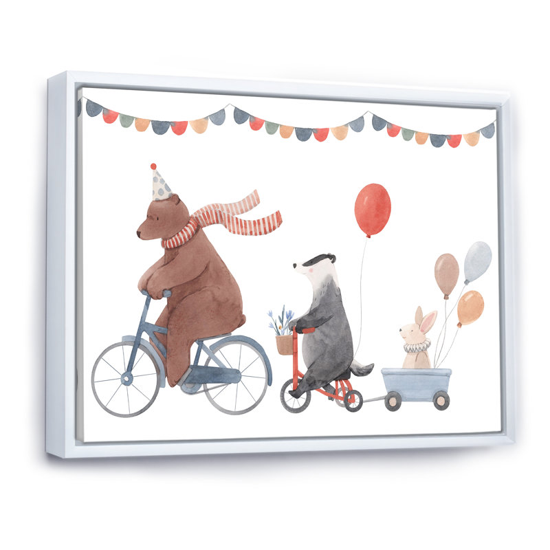 Animaux mignons à bicyclette, H 16 po x l 32 po x P 1 po, Cadre flottant blanc