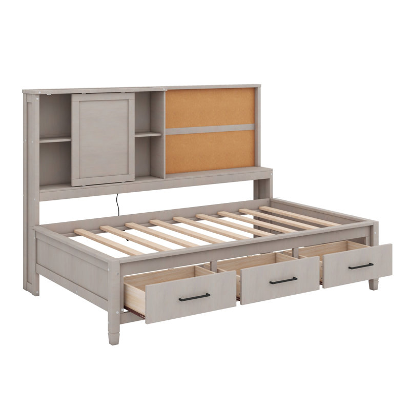 Lit de jour de détente avec tablettes de rangement, planche de liège, ports USB et 3 tiroirs, Gris antique