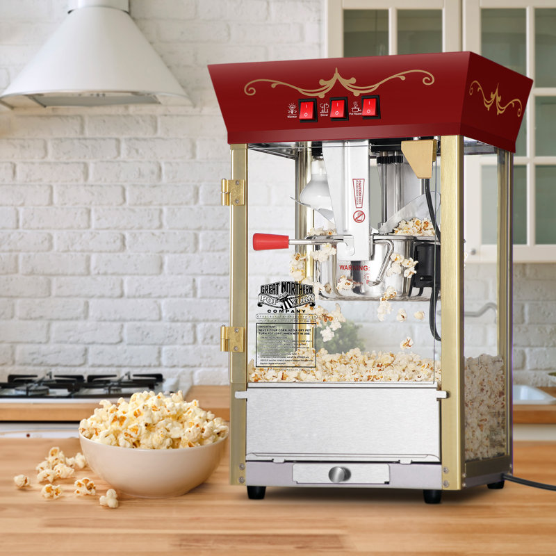 Machine à maïs soufflé Matinee - contenant 8 oz avec bouilloire en acier inoxydable, plateau à grains Rejet, lumière chauffante - livré avec tasses à mesurer, pelle, 50 sacs à maïs soufflé et 3 seaux à maïs soufflé par Great Northern Popcorn